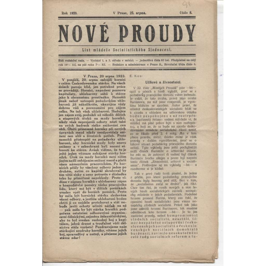 Nové proudy (23.8.1923) - staré noviny, 1. republika