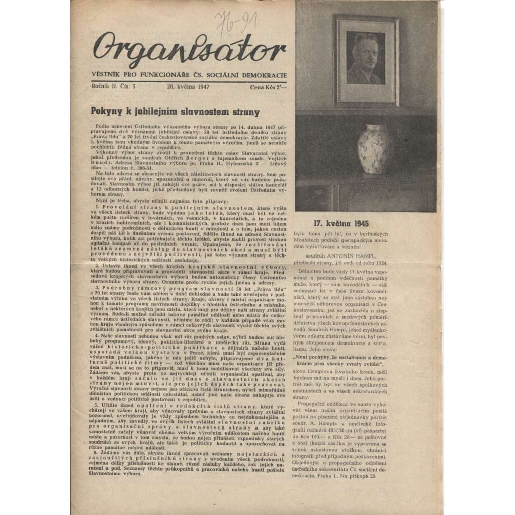 Organisátor (20.5.1947) - staré noviny (Věstník pro funkcionáře Čs. sociální demokracie)