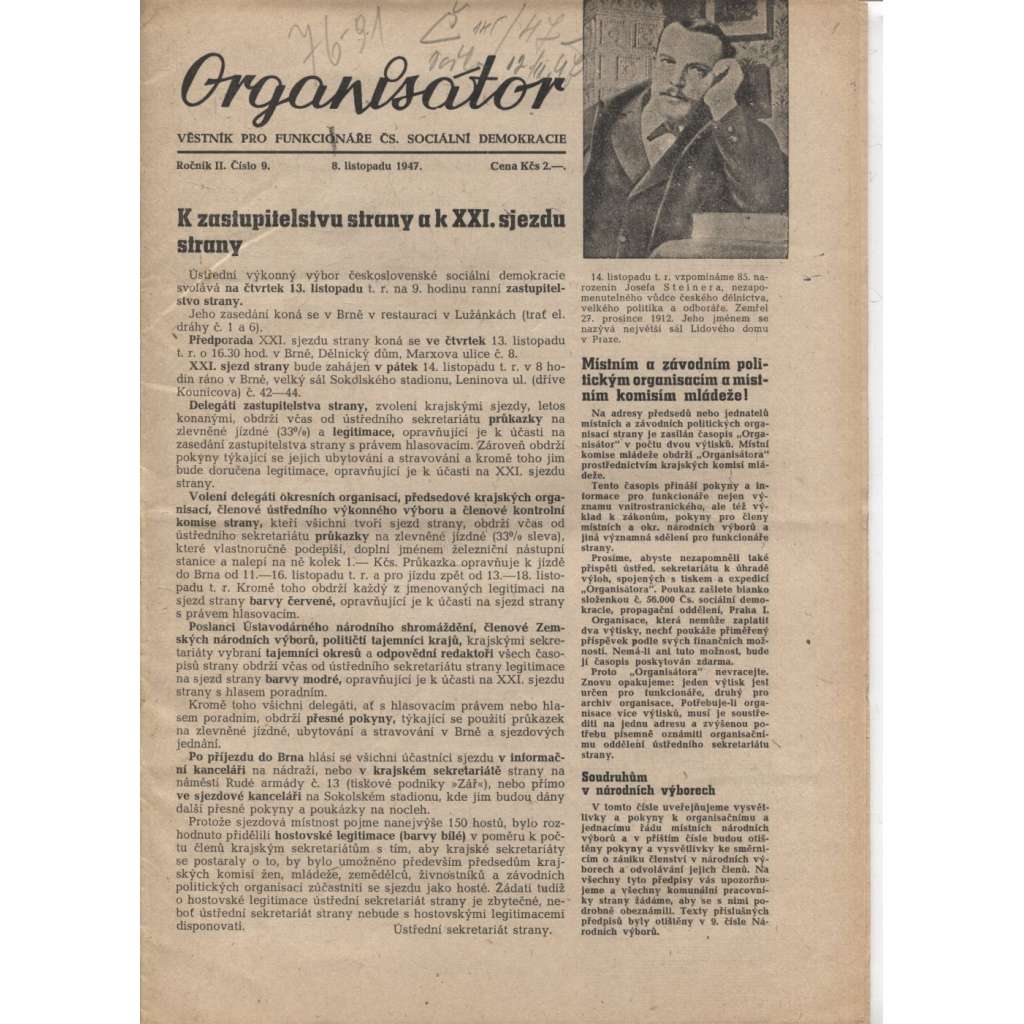 Organisátor (8.11.1947) - staré noviny (Věstník pro funkcionáře Čs. sociální demokracie)