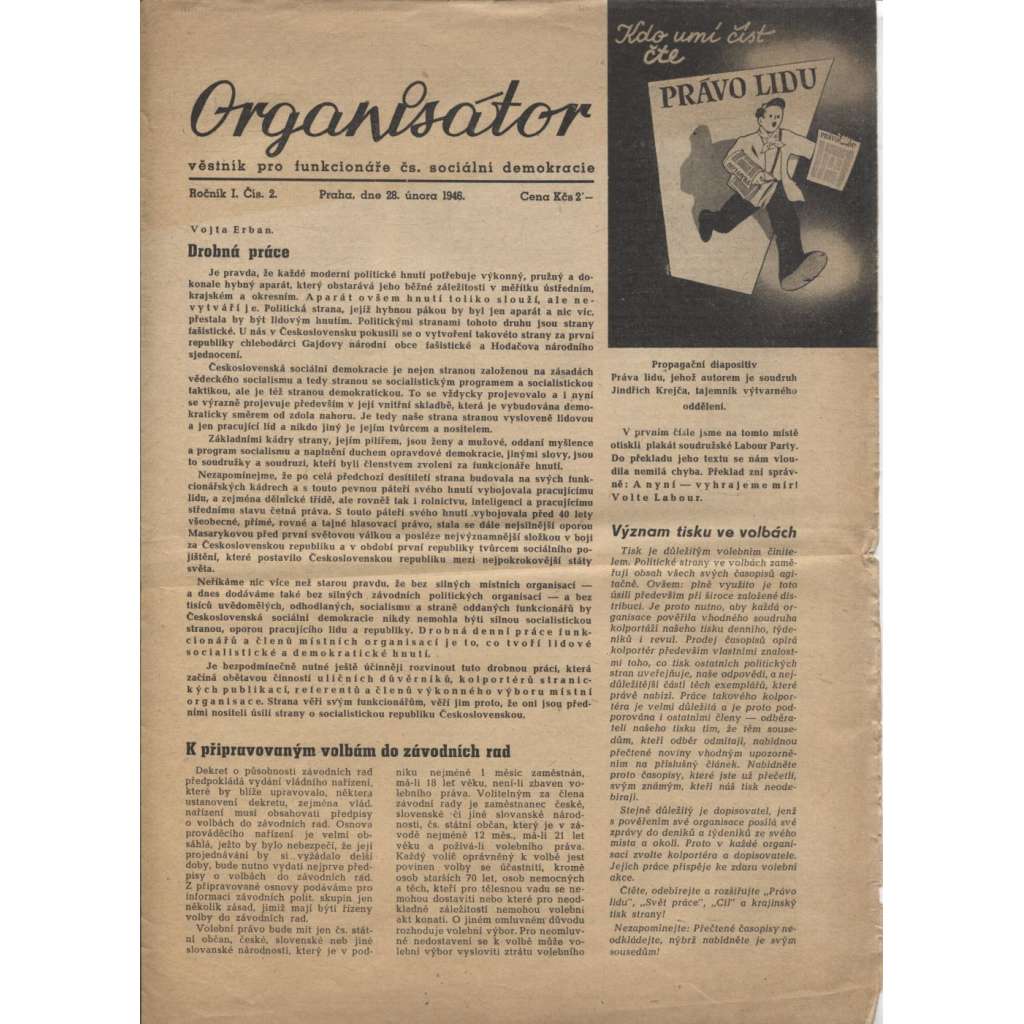 Organisátor (28.2.1946) - staré noviny (Věstník pro funkcionáře Čs. sociální demokracie)