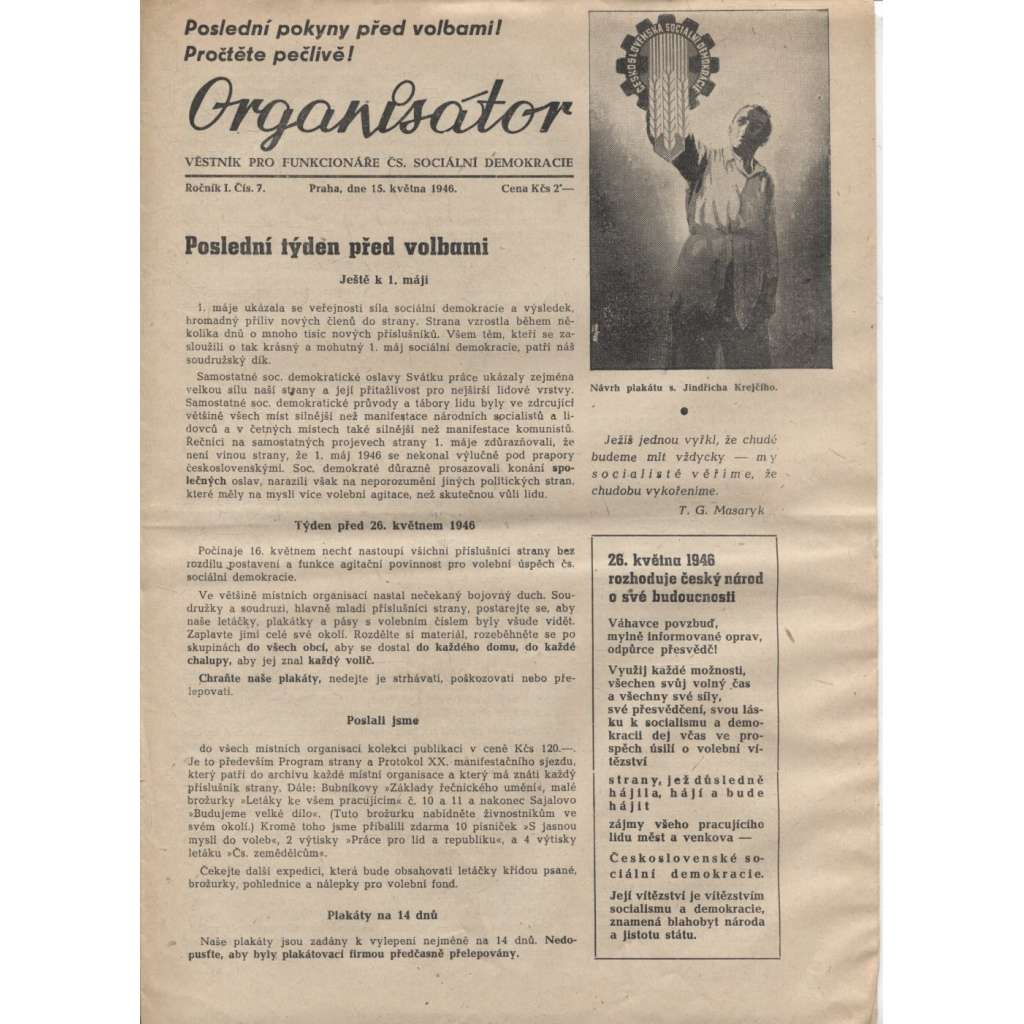 Organisátor (15.5.1946) - staré noviny (Věstník pro funkcionáře Čs. sociální demokracie)