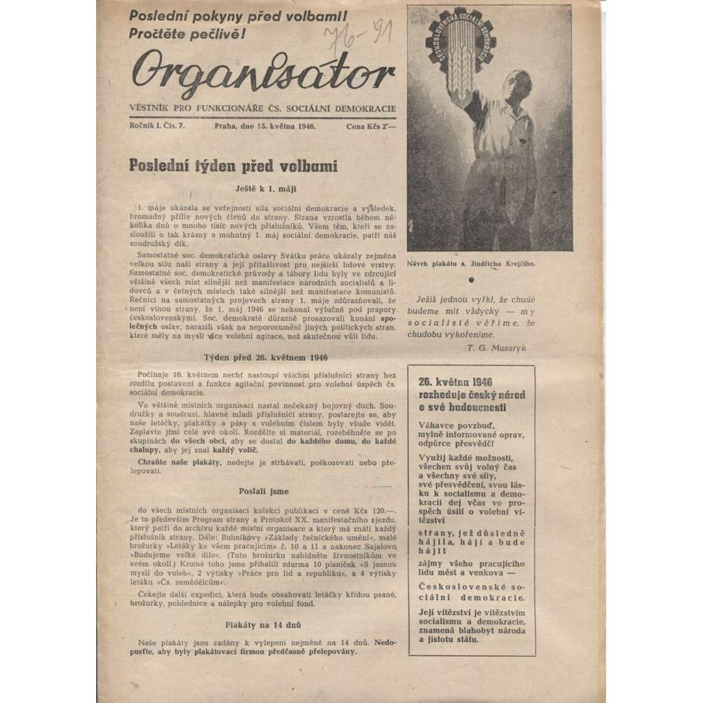 Organisátor (15.5.1946) - staré noviny (Věstník pro funkcionáře Čs. sociální demokracie)