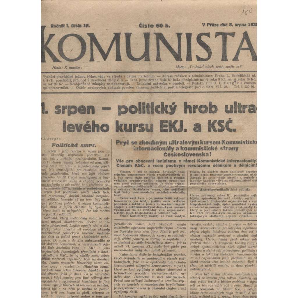 Komunista (8.8.1929) - staré noviny, 1. republika