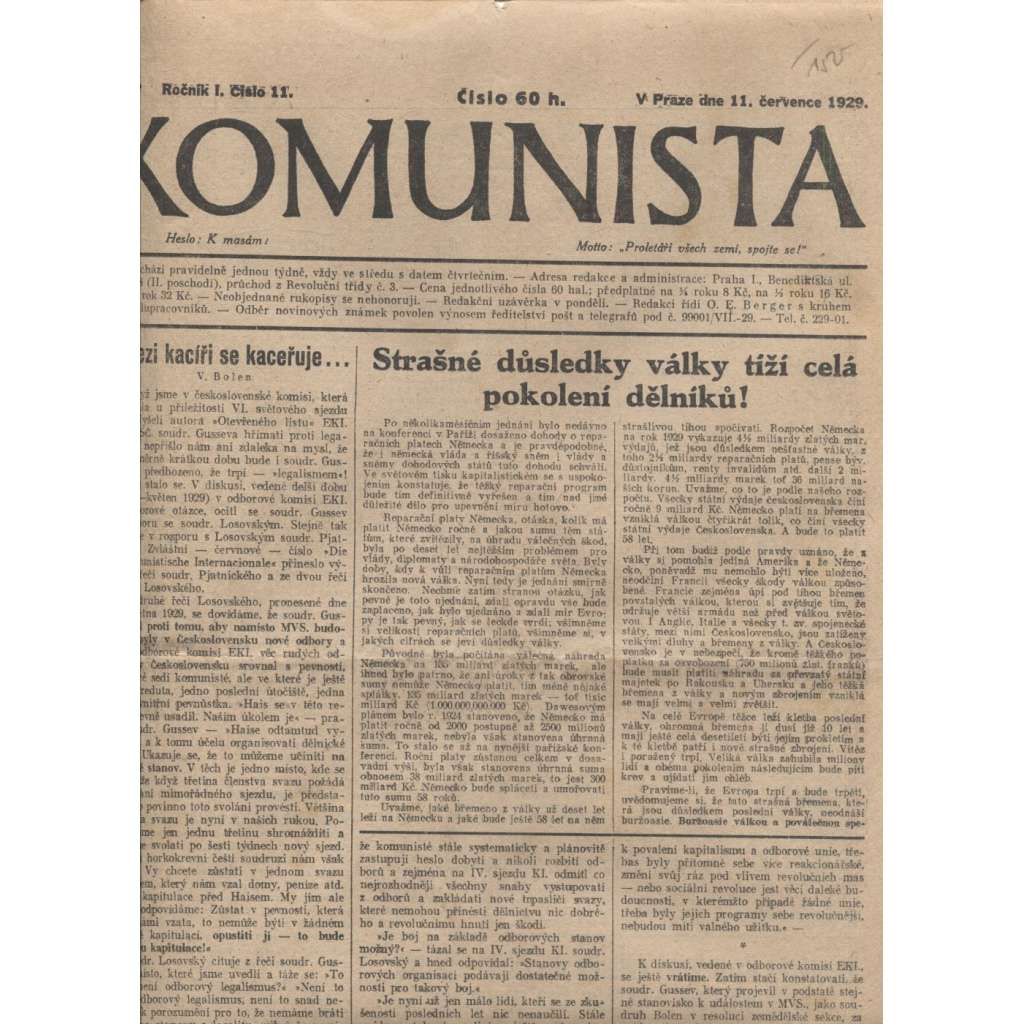 Komunista (11.7.1929) - staré noviny, 1. republika