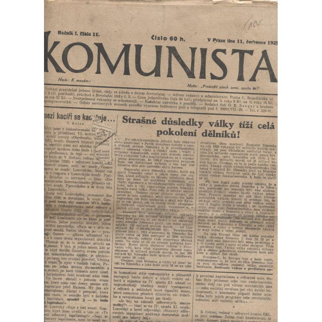 Komunista (11.7.1929) - staré noviny, 1. republika