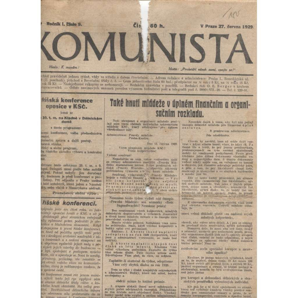 Komunista (27.6.1929) - staré noviny, 1. republika (pošk.)