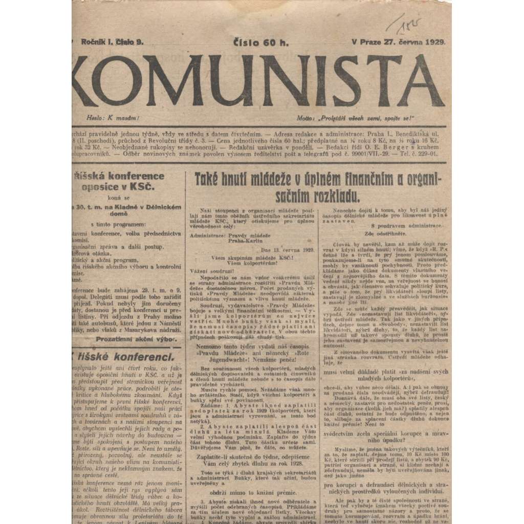 Komunista (27.6.1929) - staré noviny, 1. republika