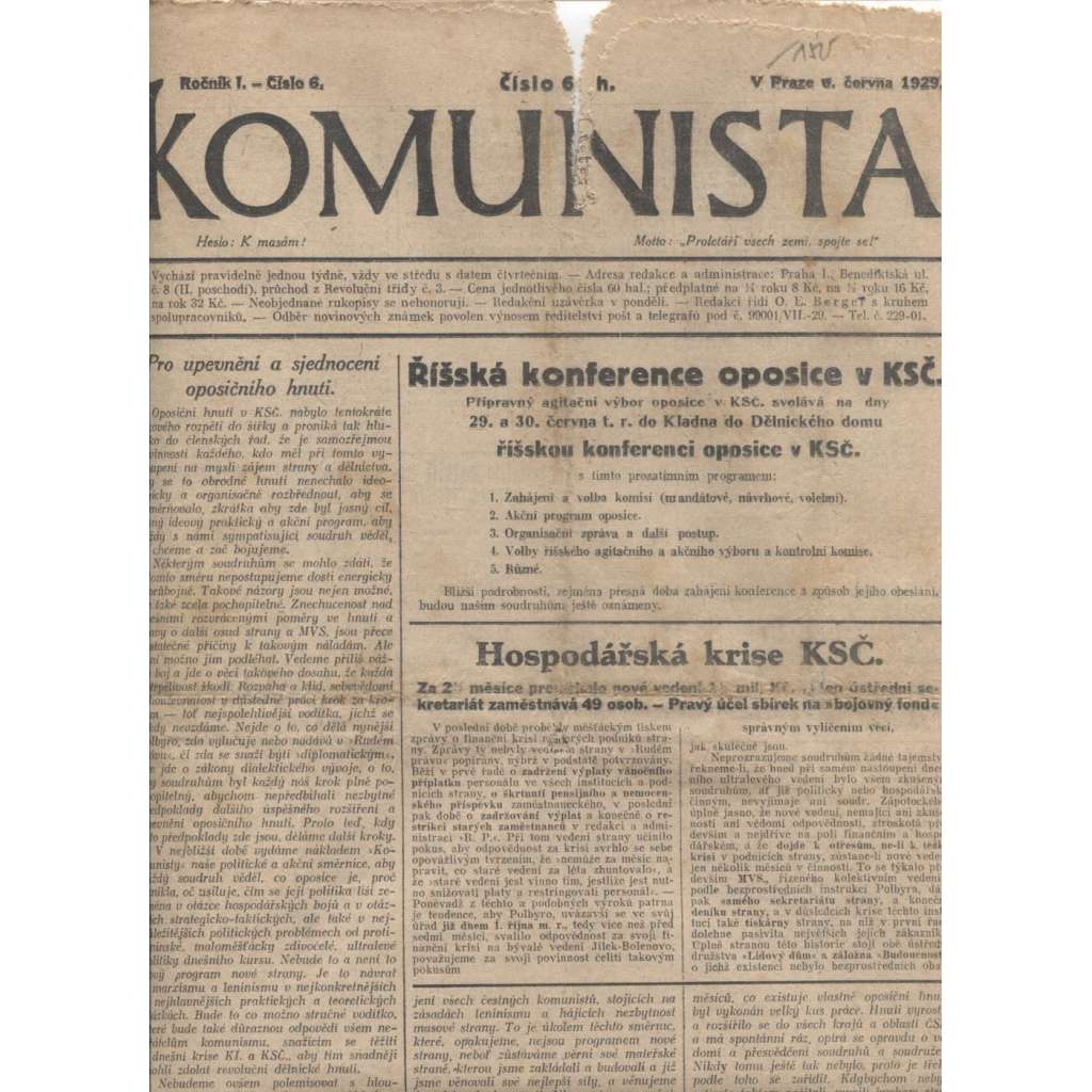 Komunista (6.6.1929) - staré noviny, 1. republika (pošk.)