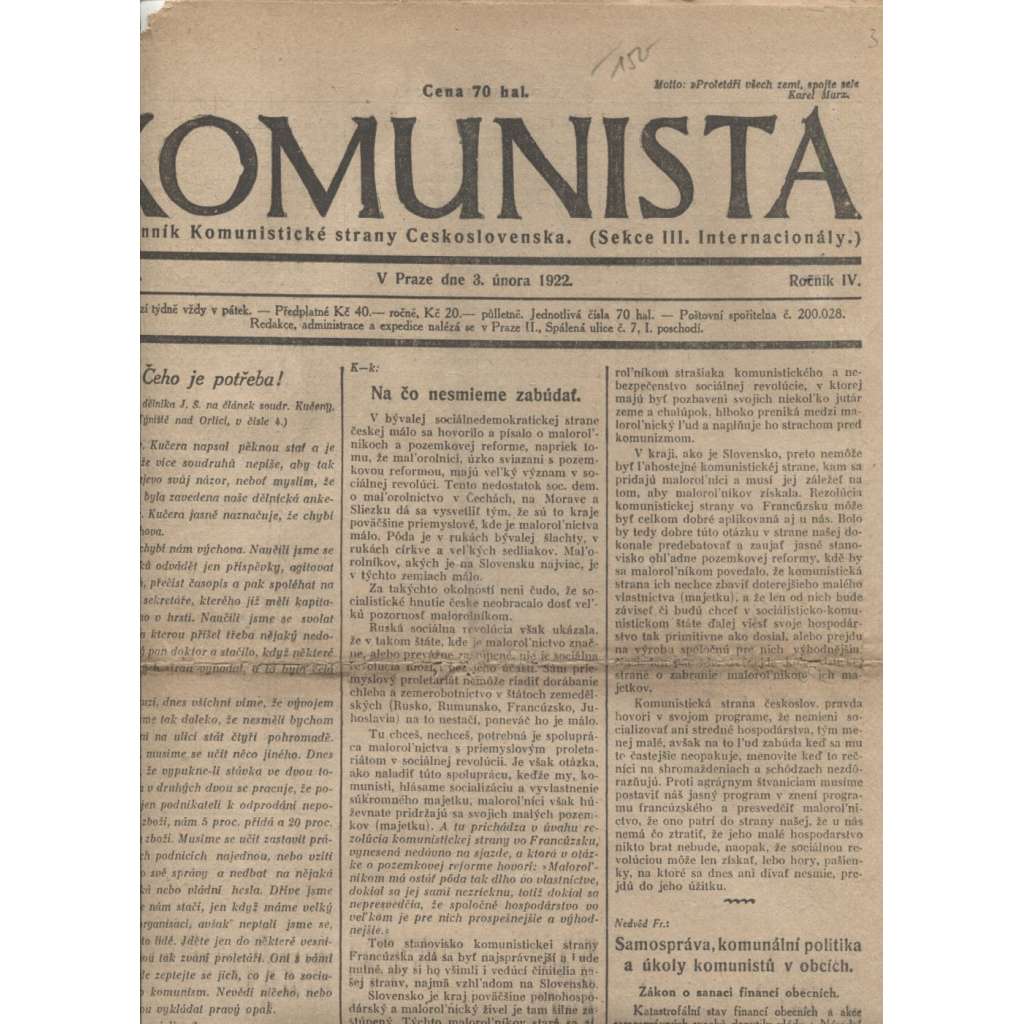 Komunista (3.2.1922) - staré noviny, 1. republika