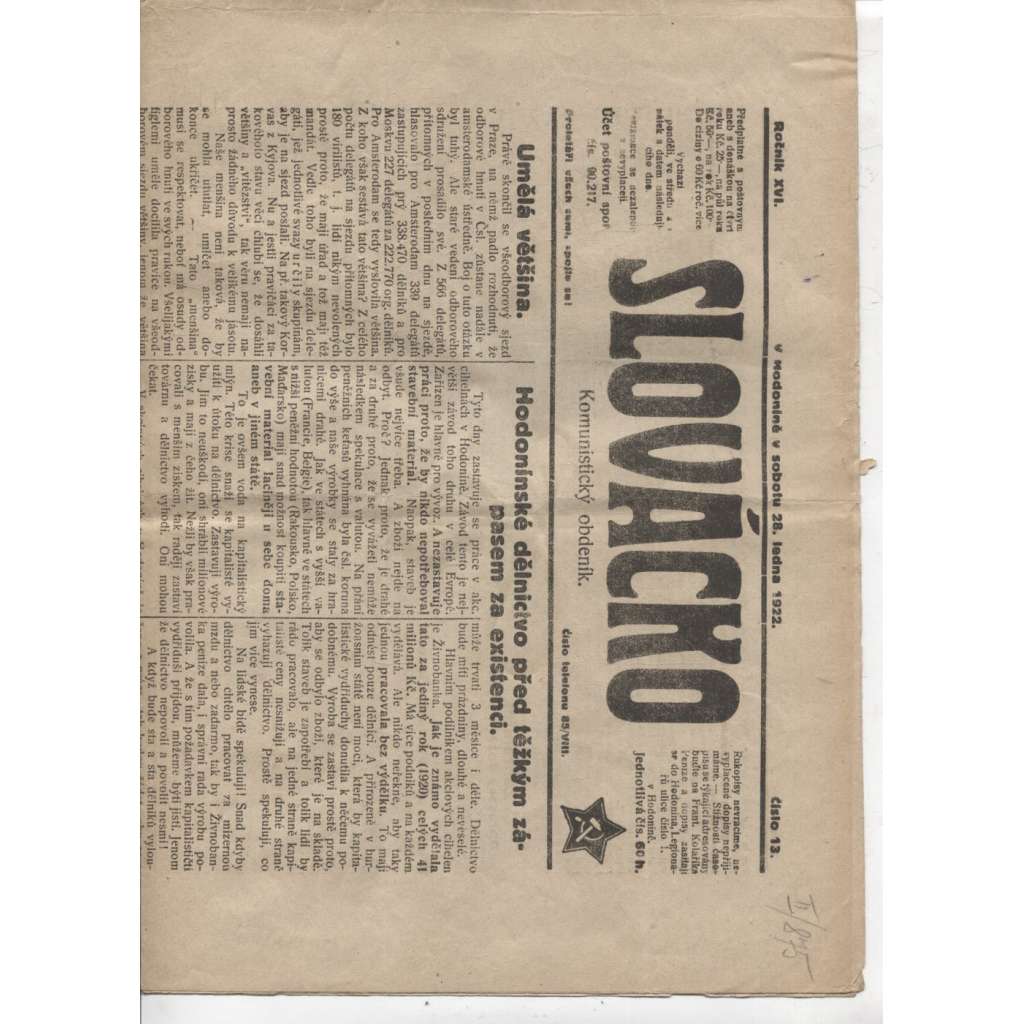 Slovácko (28.1.1922) - staré noviny, 1. republika