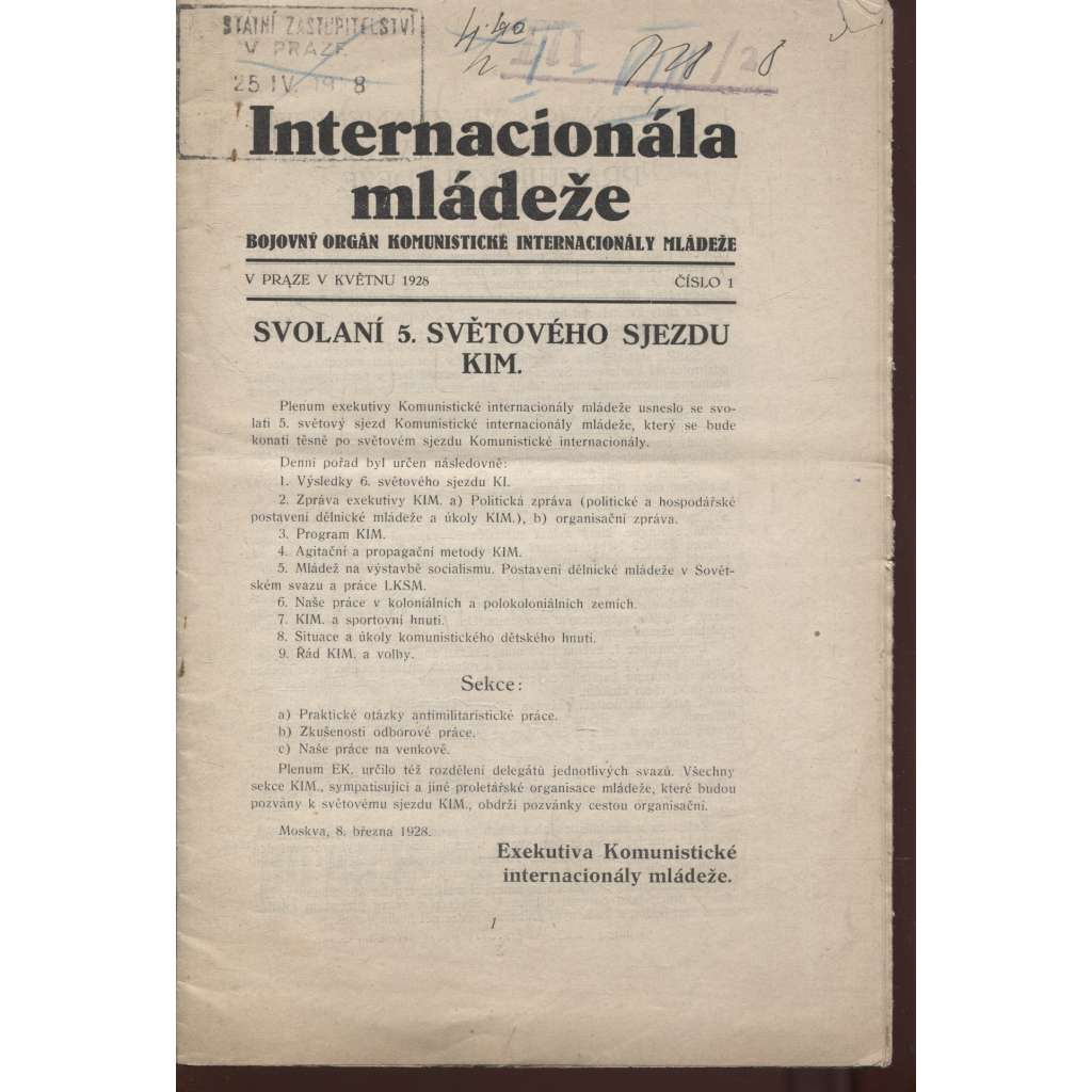 Internacionála mládeže (květen 1928 a leden 1931) komunismus, komunistická literatura (1. vydání před cenzurou s cenzurními zásahy)