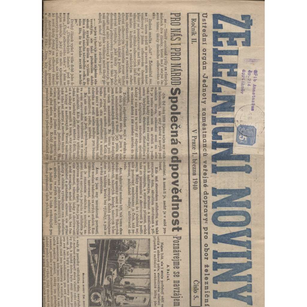 Železniční noviny (1.3.1940) - staré noviny, železnice