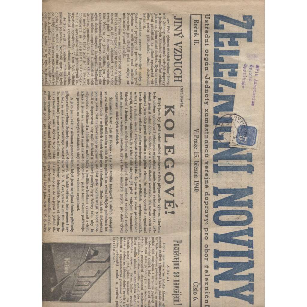 Železniční noviny (15.3.1940) - staré noviny, železnice