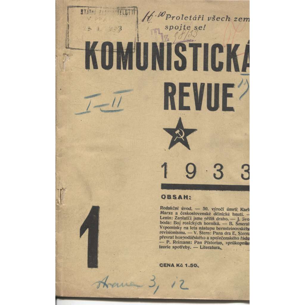 Komunistická revue, ročník VII., číslo 1 (1933) - 1. vydání před cenzurou s cenzurními zásahy (komunistická literatura)