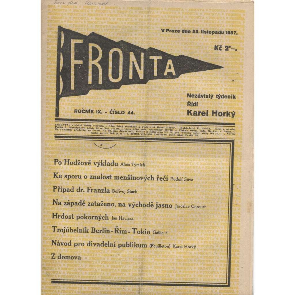 Fronta, ročník IX., číslo 44/1937 (Nezávislý týdeník) - 25.11.1937