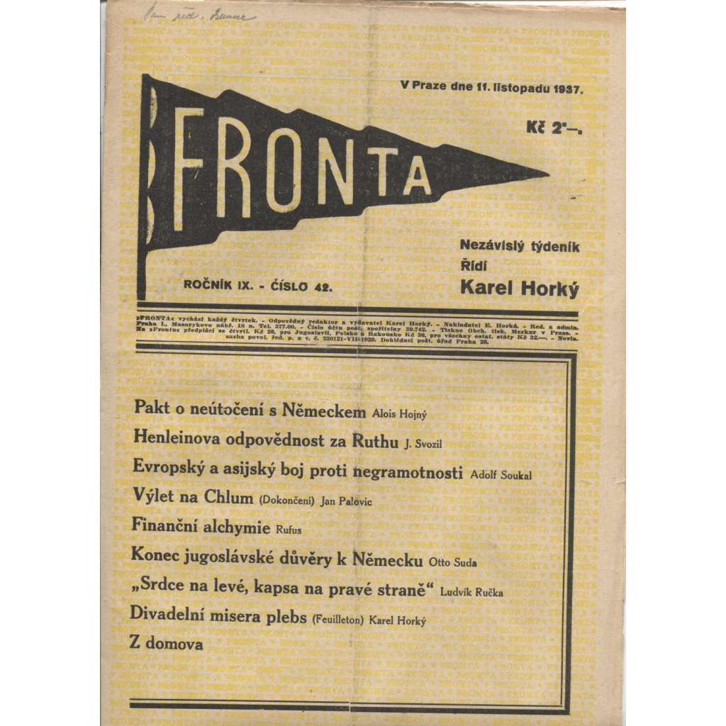 Fronta, ročník IX., číslo 42/1937 (Nezávislý týdeník) - 11.11.1937