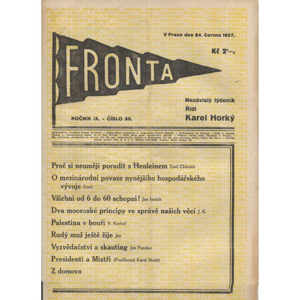 Fronta, ročník IX., číslo 30/1937 (Nezávislý týdeník) - 24.6.1937