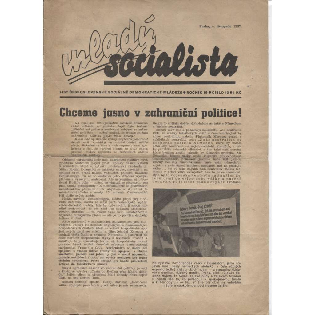 Mladý socialista (4.11.1937) - staré noviny, 1. republika