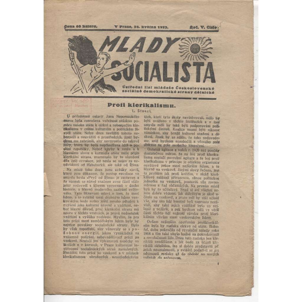 Mladý socialista (24.5.1923) - staré noviny, 1. republika