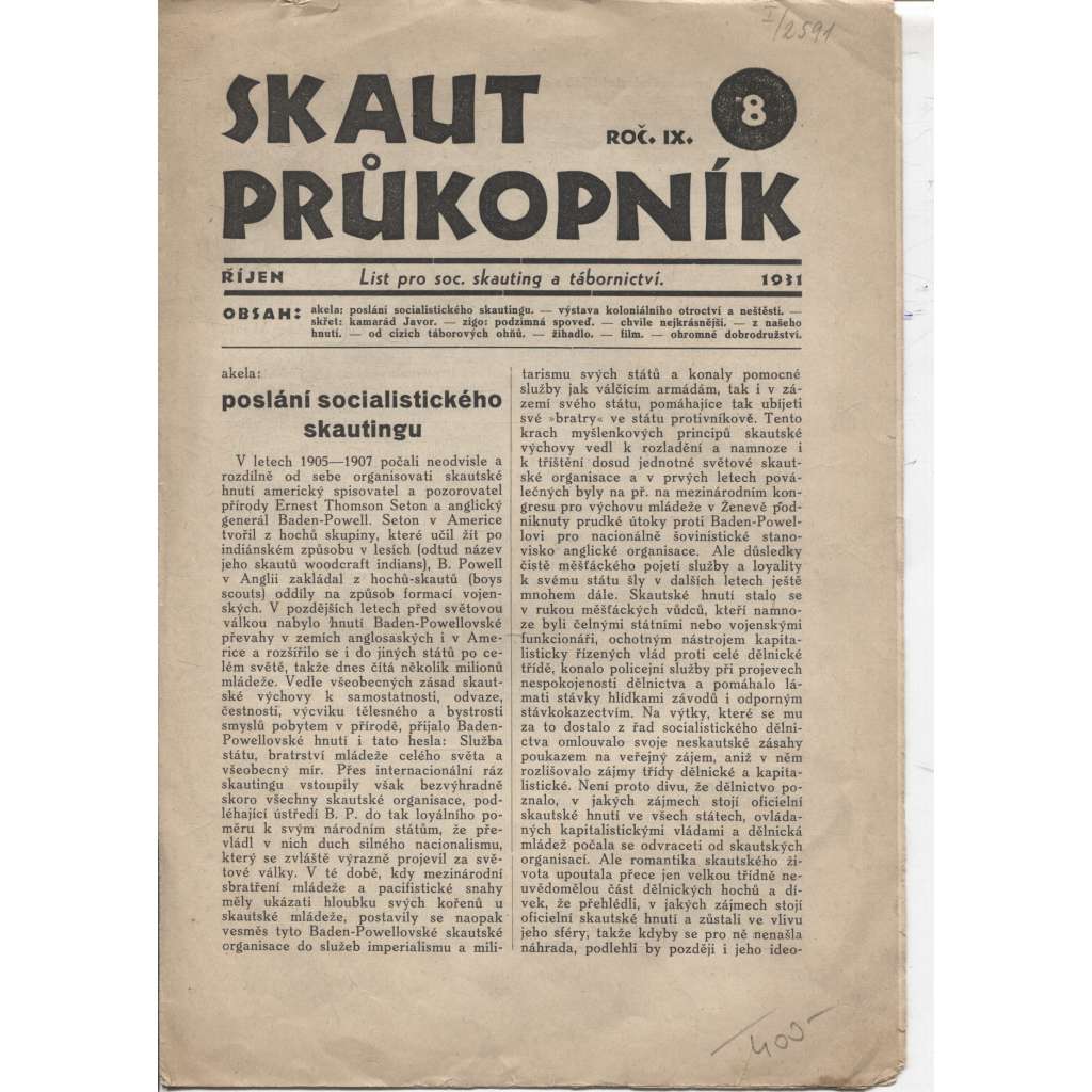 Skaut průkopník, ročník IX., číslo 8/1931. List pro soc. skauting a tábornictví - staré noviny, 1. republika