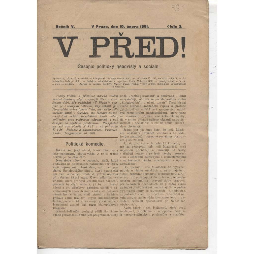 V před! Ročník V., číslo 2 (10.2.1901). Časopis politicky neodvislý a sociální - staré noviny