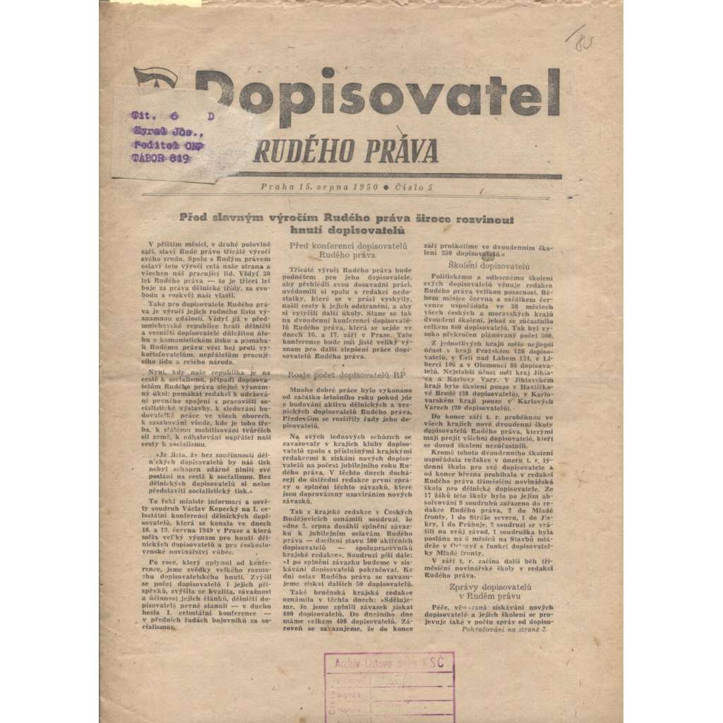 Dopisovatel Rudého práva (15.8.1950) - staré noviny