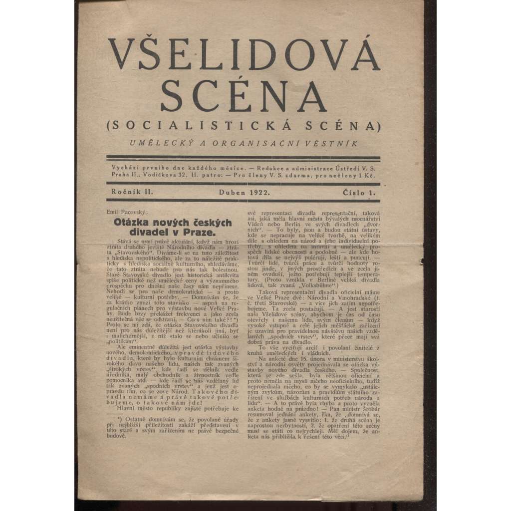 Všelidová scéna (Socialistická scéna). Umělecký a organisační věstník (duben 1922)