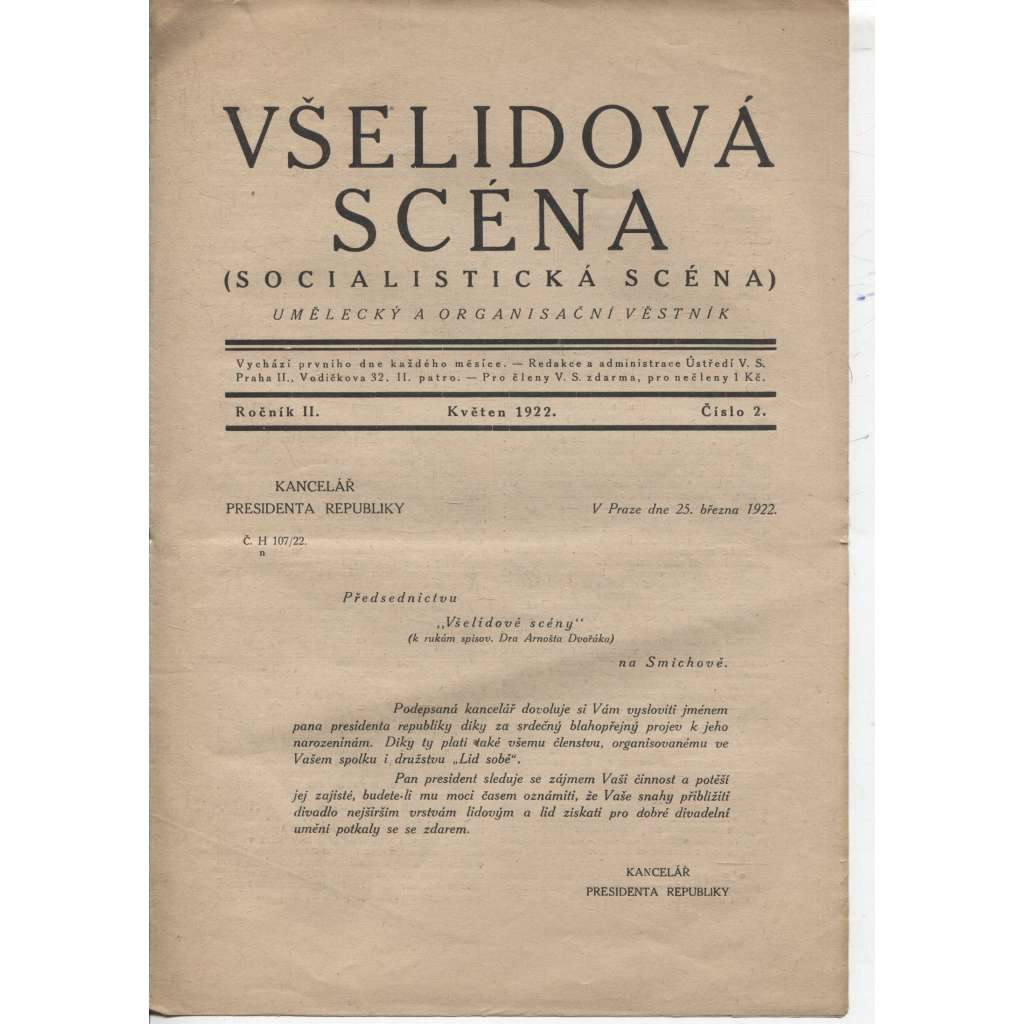 Všelidová scéna (Socialistická scéna). Umělecký a organisační věstník (květen 1922)