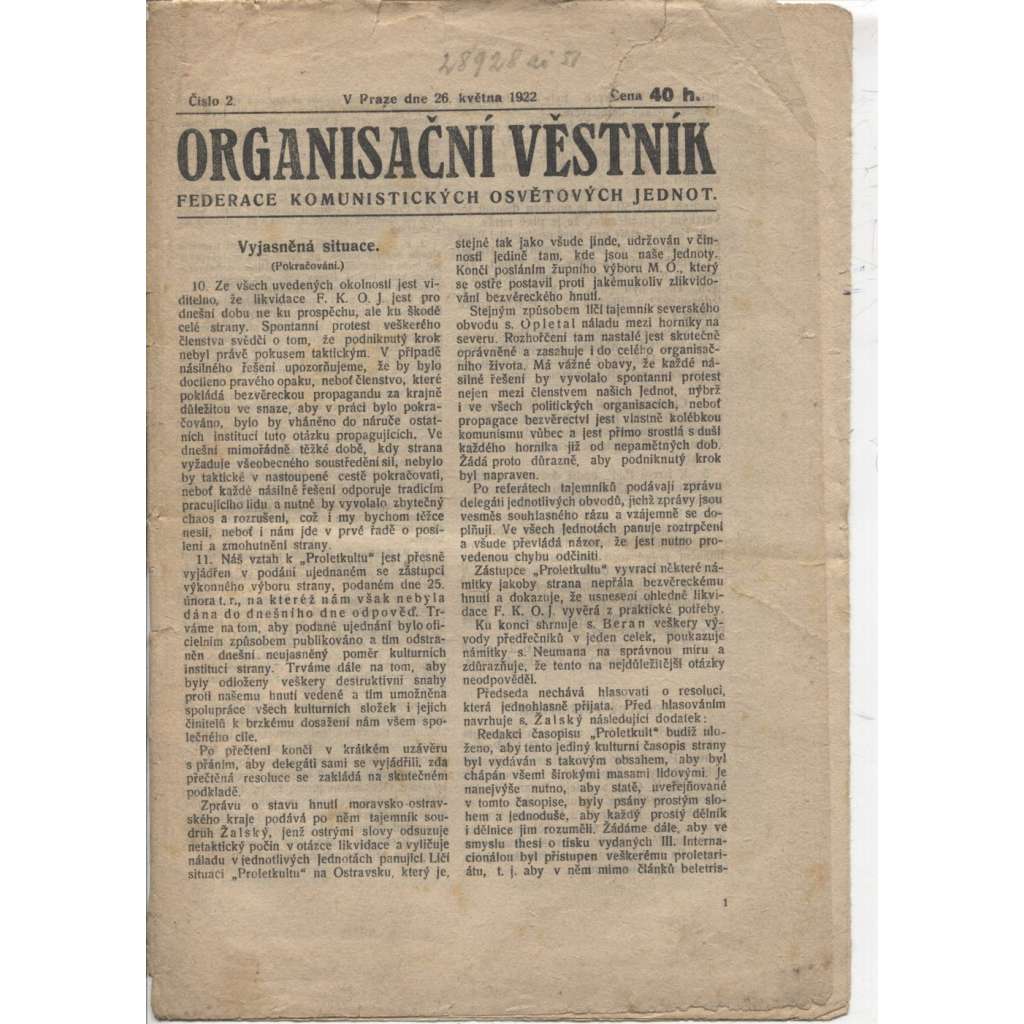 Organisační věstník. Federace komunistických osvětových jednot (26.5.1922) - staré noviny, 1. republika