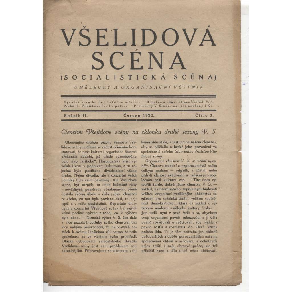 Všelidová scéna (Socialistická scéna). Umělecký a organisační věstník (červen 1922)