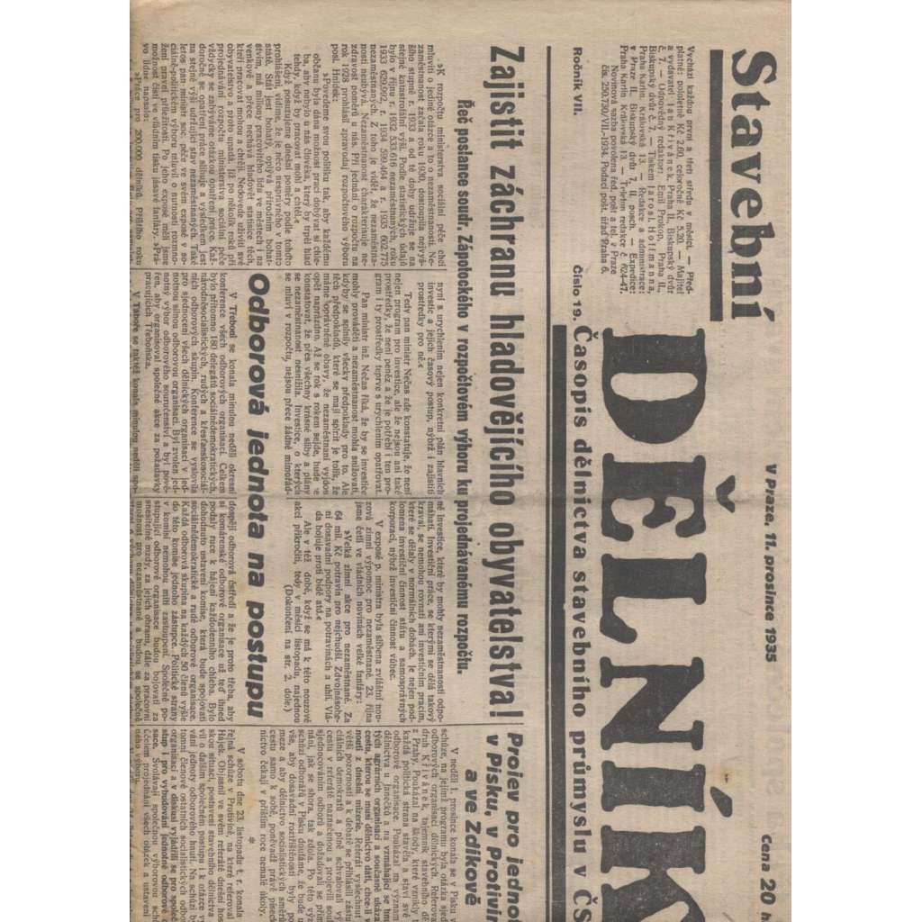 Stavební dělník. Časopis dělnictva stavebního průmyslu v ČSR (11.12.1935) - staré noviny, 1. republika