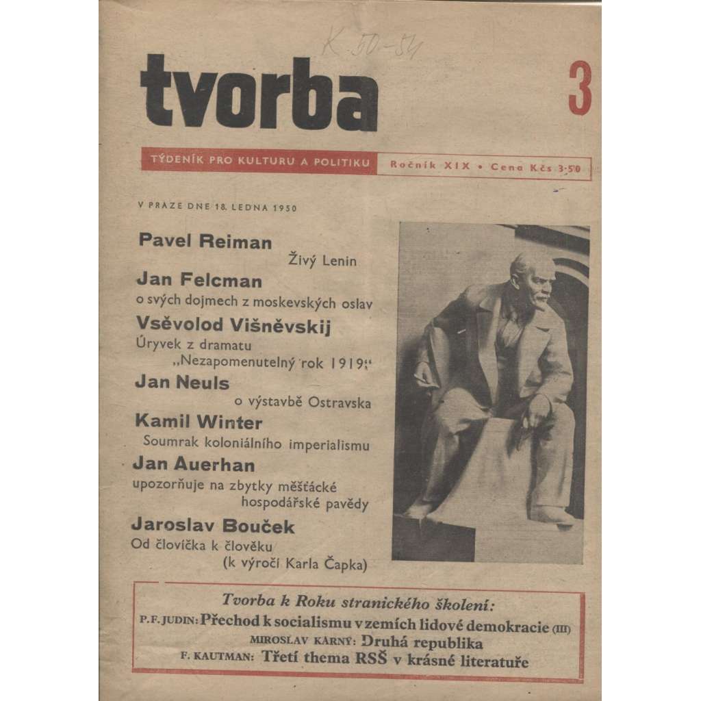 Tvorba – Týdeník pro kulturu a politiku, ročník XIX., číslo 3 (18.1.1950)