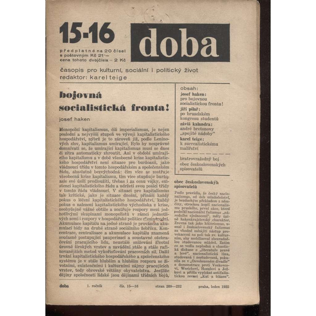 DOBA. Časopis pro kulturní, sociální i politický život (15-16/1935) - staré noviny, 1. republika