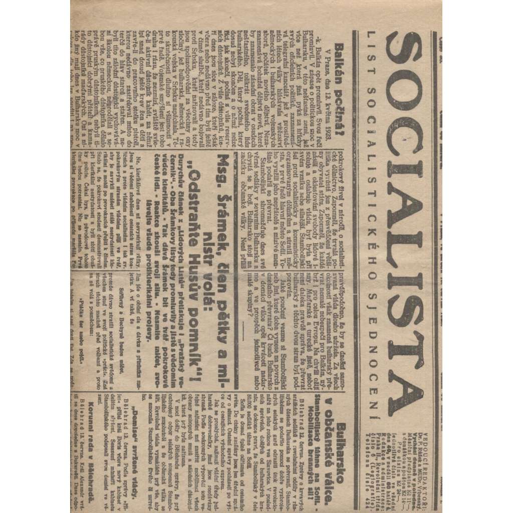 Socialista (13.6.1923) - staré noviny, 1. republika