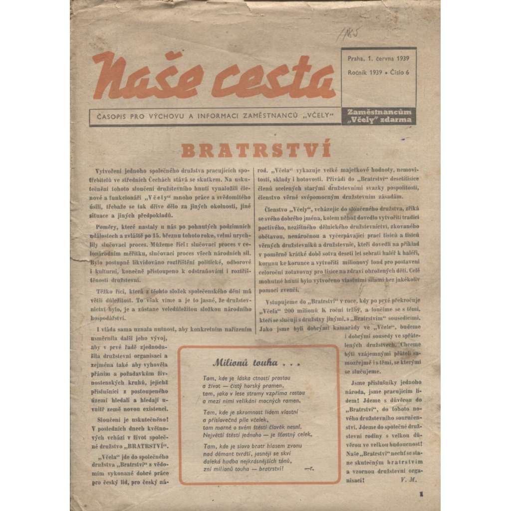 Naše cesta (1.6.1939) - staré noviny