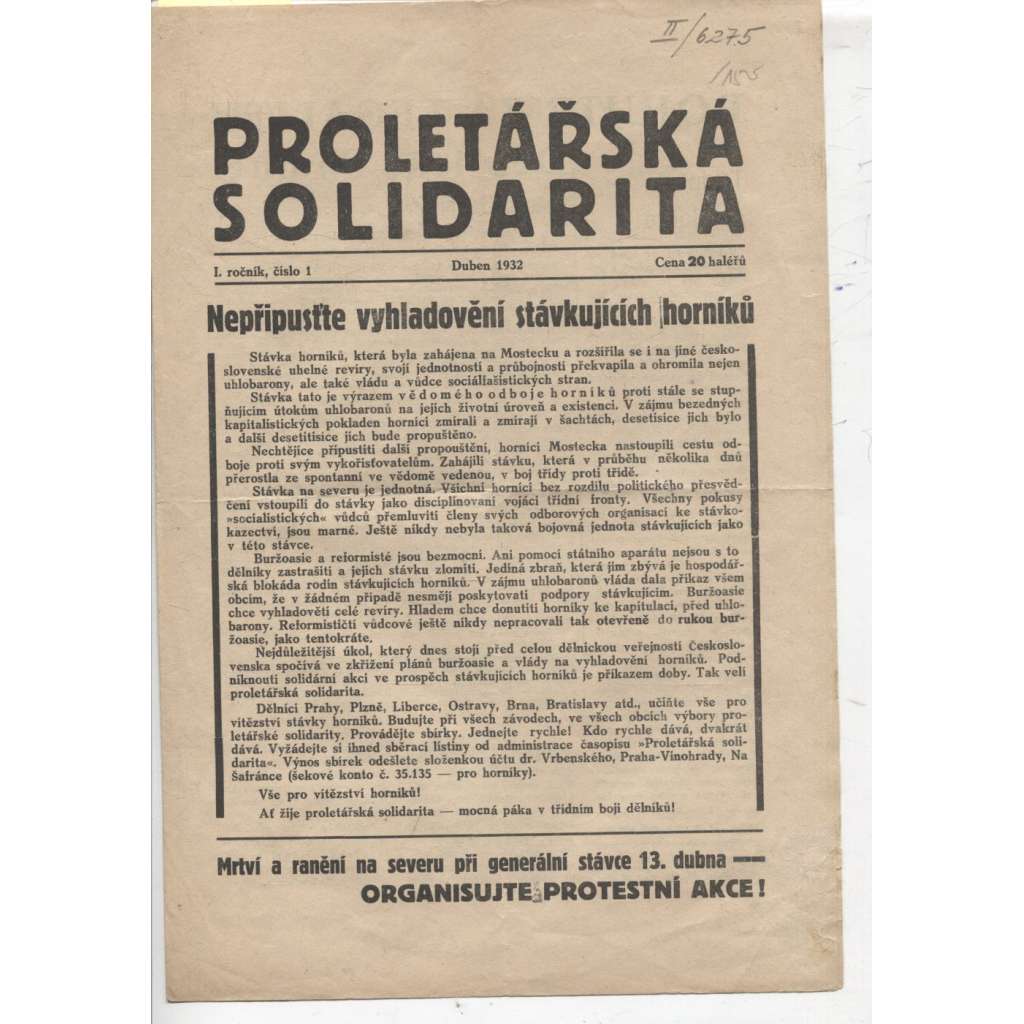 Proletářská solidarita (duben, 1932) - staré noviny, 1. republika