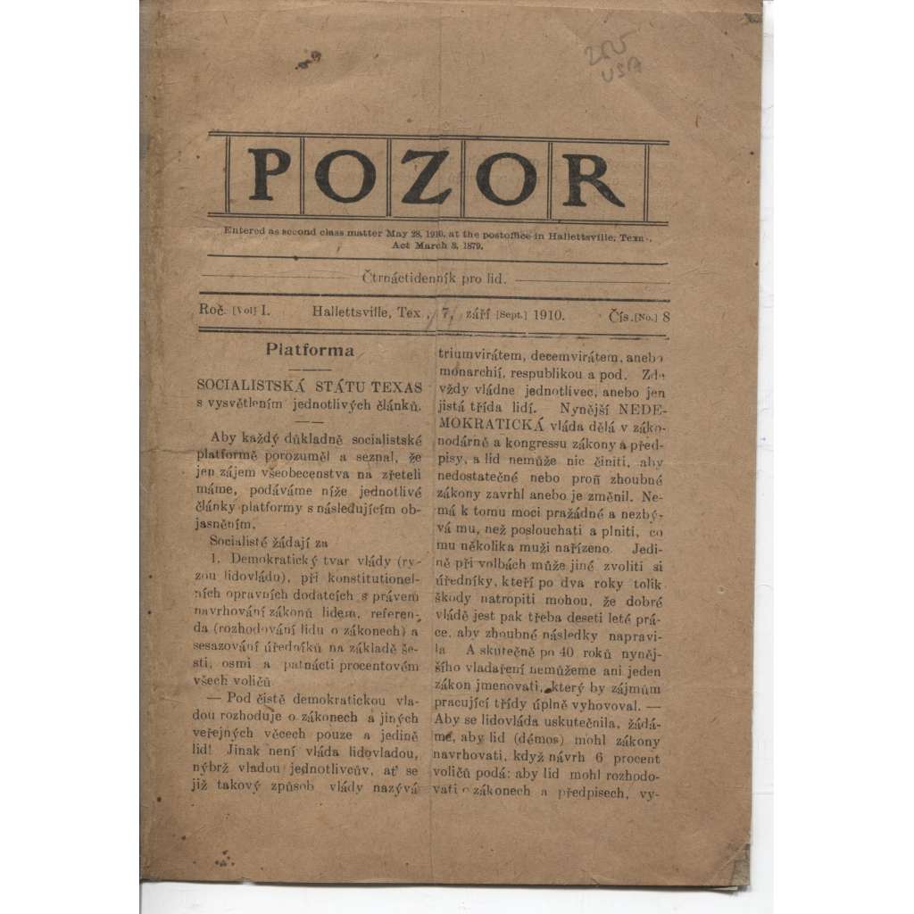 POZOR. Čtrnáctidenník pro lid (7.9.1910) - staré noviny (USA)