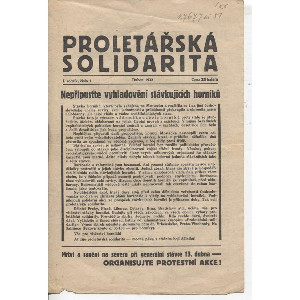 Proletářská solidarita (duben, 1932) - staré noviny, 1. republika