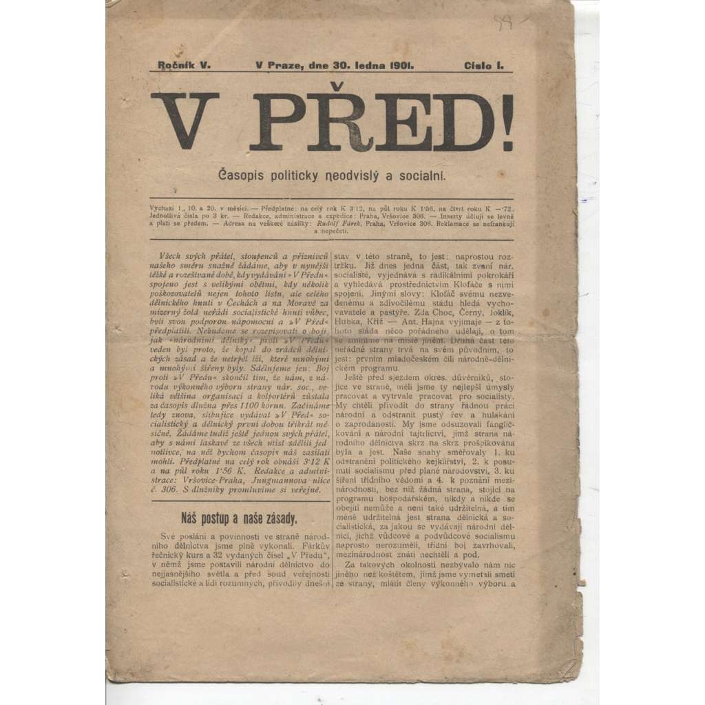 V před! Ročník V., číslo 1 (30.1.1901). Časopis politicky neodvislý a sociální - staré noviny