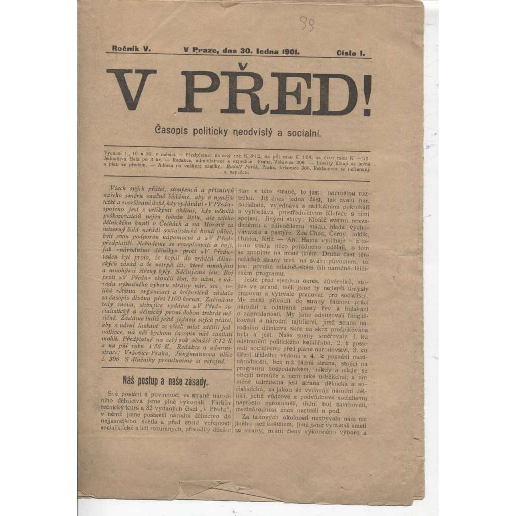 V před! Ročník V., číslo 1 (30.1.1901). Časopis politicky neodvislý a sociální - staré noviny