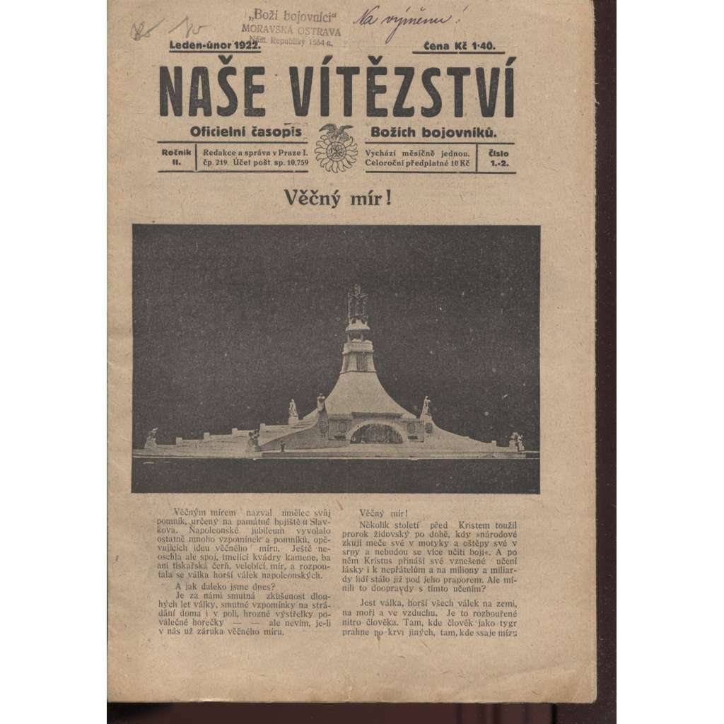 Naše vítězství, ročník II., číslo 1-2/1922. Oficielní časopis Božích bojovníků (staré noviny, 1. republika)