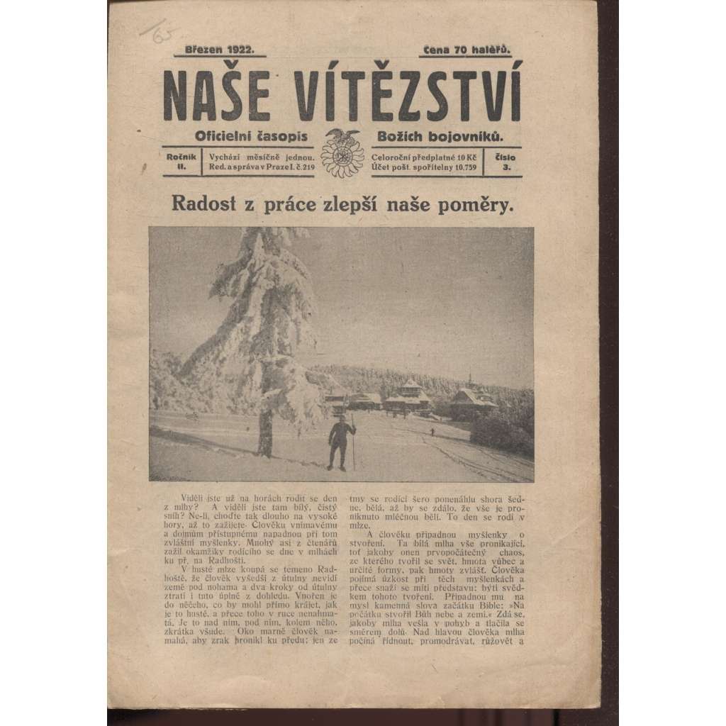 Naše vítězství, ročník II., číslo 3/1922. Oficielní časopis Božích bojovníků (staré noviny, 1. republika)