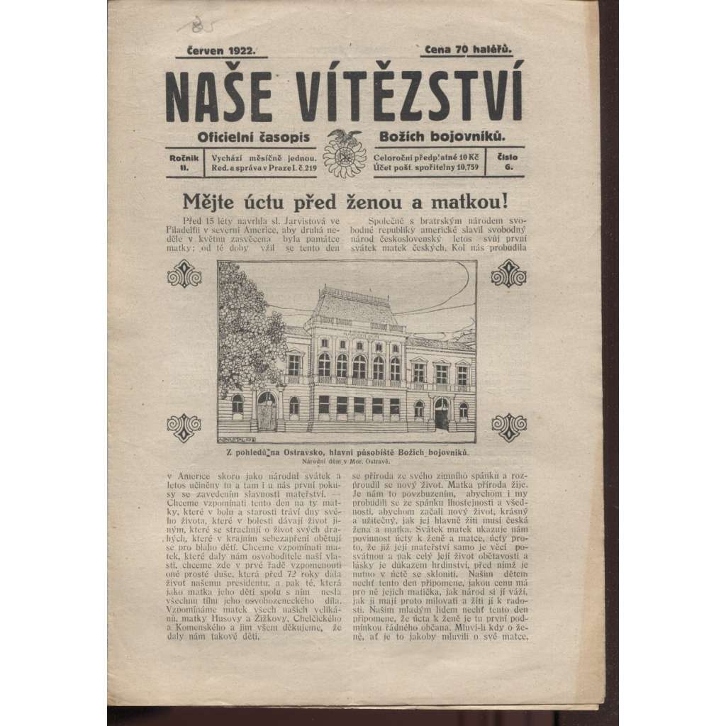 Naše vítězství, ročník II., číslo 6/1922. Oficielní časopis Božích bojovníků (staré noviny, 1. republika)