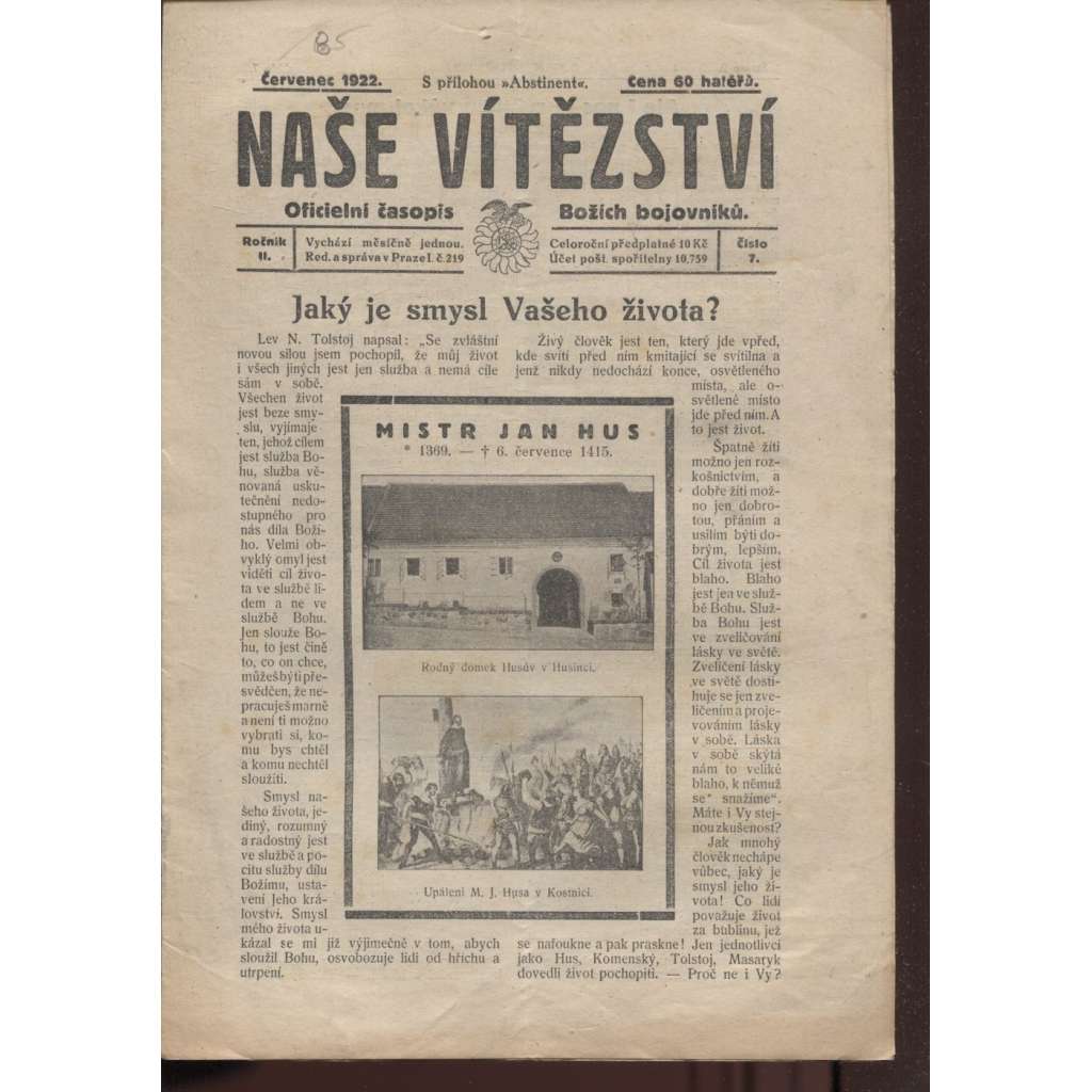 Naše vítězství, ročník II., číslo 7/1922. Oficielní časopis Božích bojovníků (staré noviny, 1. republika)