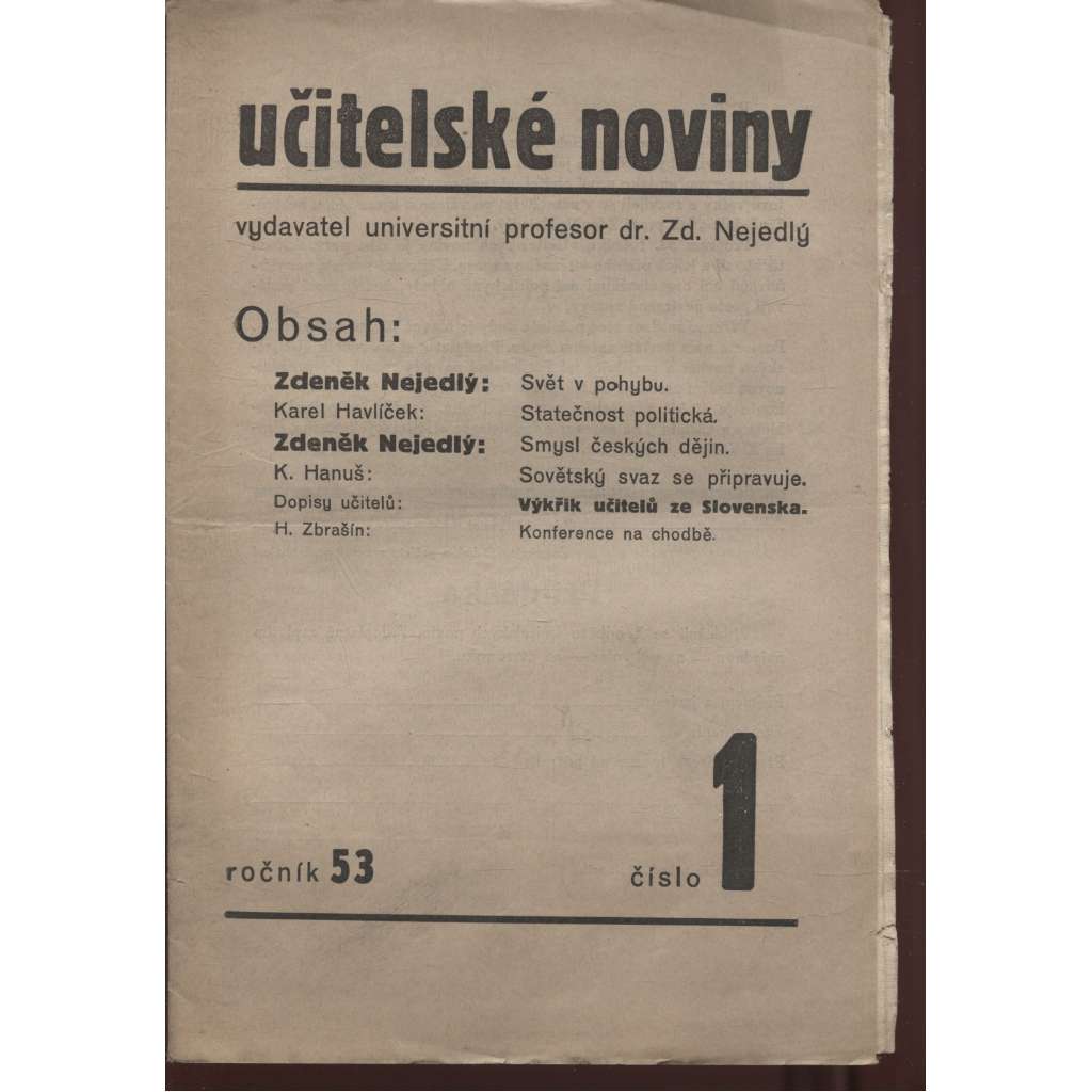 Učitelské noviny, ročník 53, číslo 1/1934 - staré noviny, 1. republika