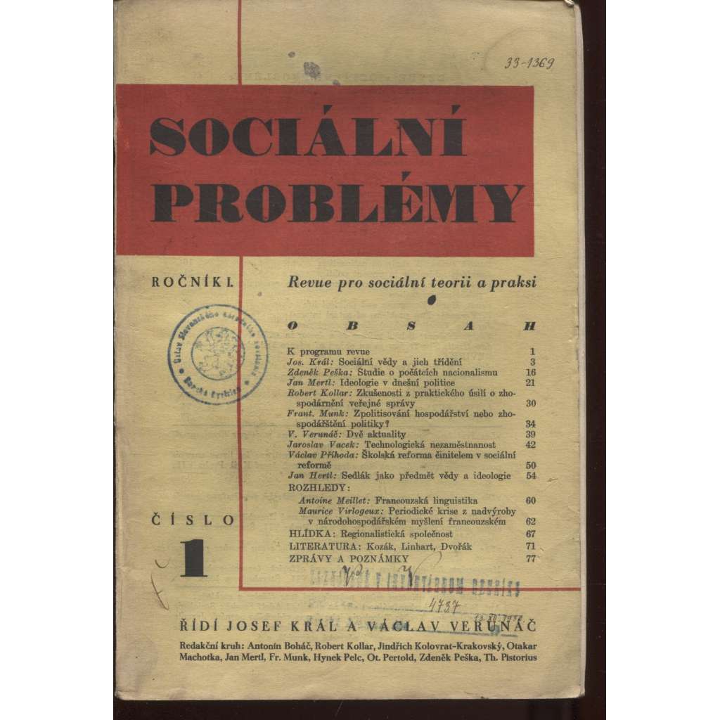 Sociální problémy, ročník I., číslo 1/1931 (Revue pro sociální teorii a praksi)