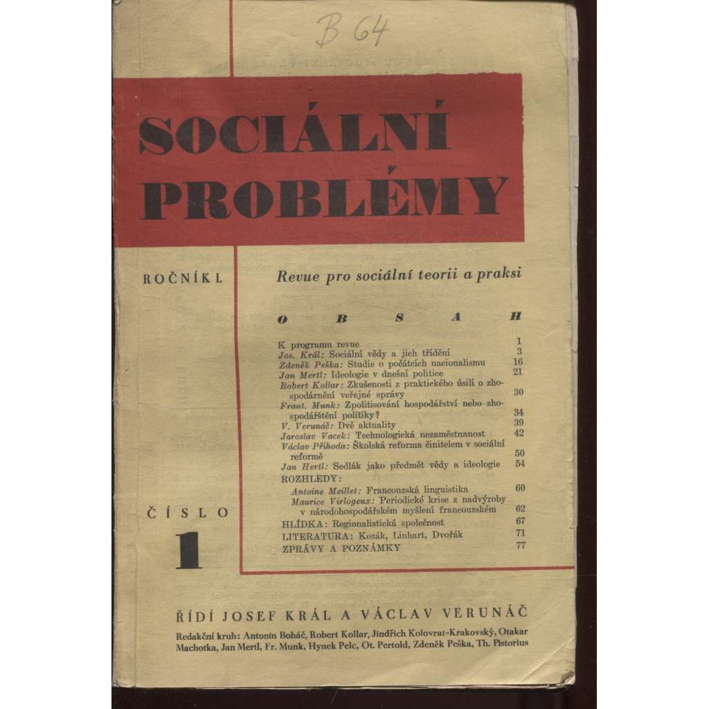 Sociální problémy, ročník I., číslo 1/1931 (Revue pro sociální teorii a praksi)