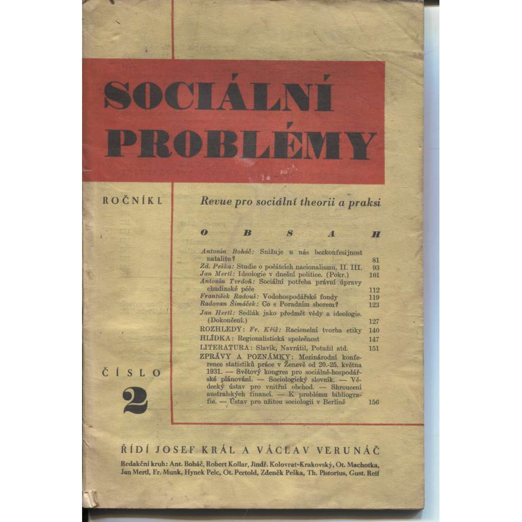 Sociální problémy, ročník I., číslo 2/1931 (Revue pro sociální teorii a praksi)