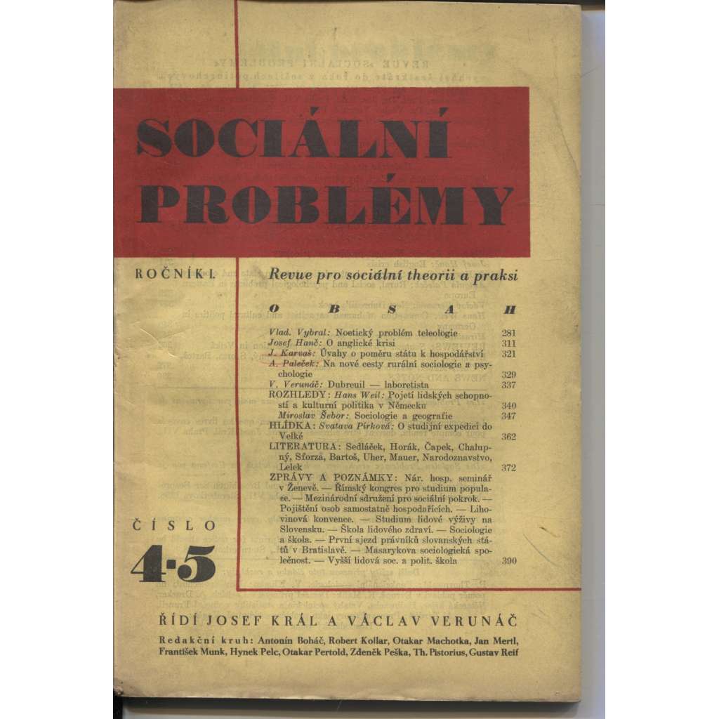 Sociální problémy, ročník I., číslo 4-5/1931 (Revue pro sociální teorii a praksi)