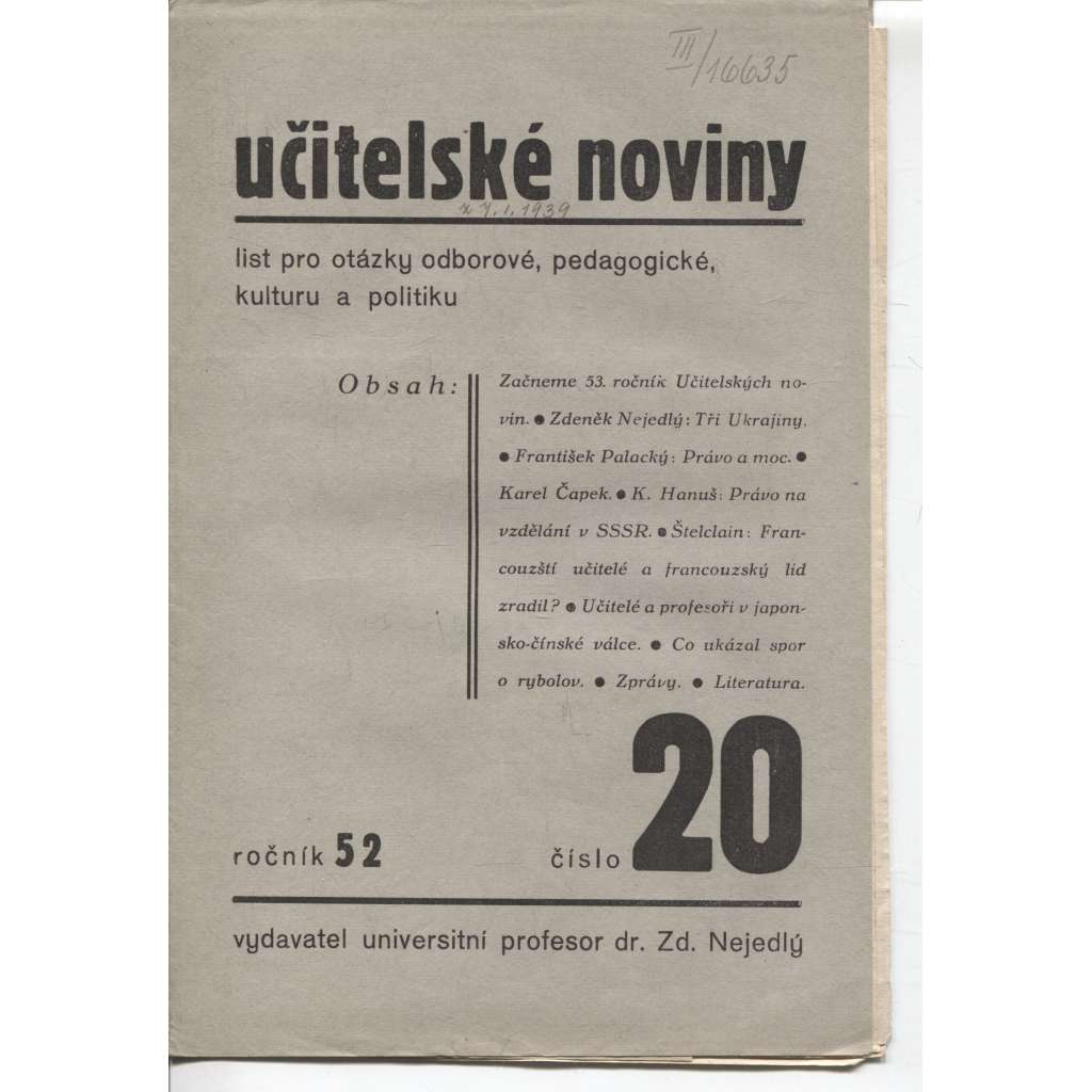 Učitelské noviny, ročník 52, číslo 20/1934 - staré noviny, 1. republika